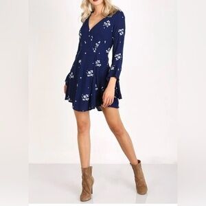 Free People Jasmine Navy Mini Dress with White Embroidery - Size 4